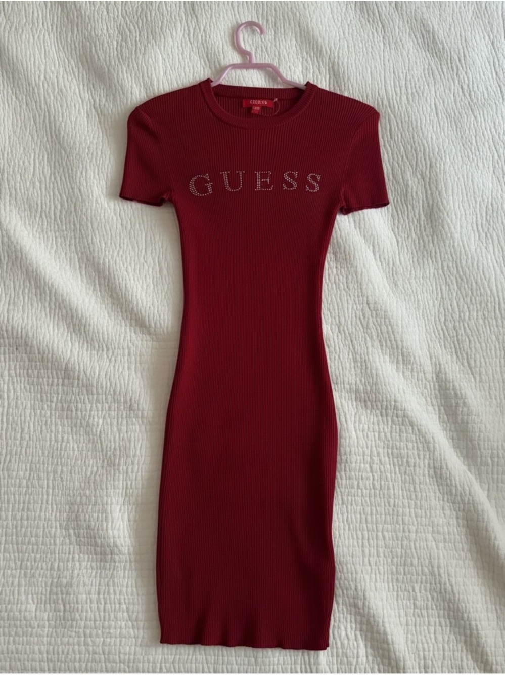 GUESS Burgundy Ribbed Midi Dress with Stud Logo